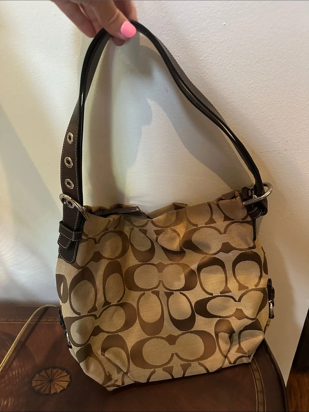 Coach Brown and Tan Signature Hobo Shoulder Bag